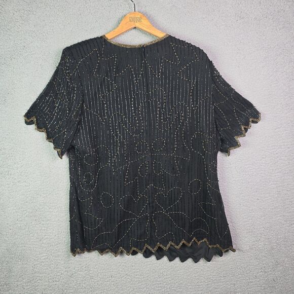 Stenay 3X silk beaded top metallic scalloped black holiday party bling festival - Picture 15 of 16